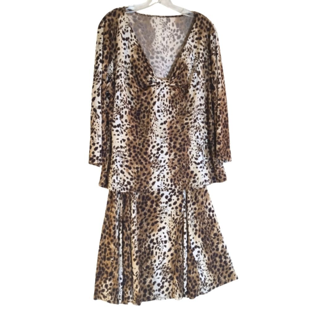 Women's Plus Brown Leopard Print V-Neck Flare Skirt Set Sz 16